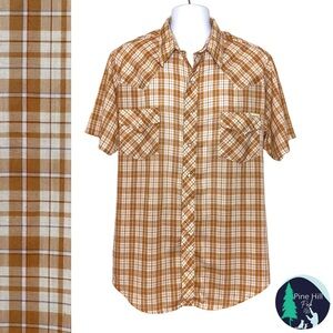 Roebucks‎ Pearl Snap Shirt Large Plaid Brown Short Sleeve Lightweight Western
